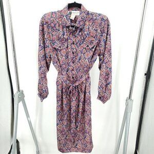 VTG 70s/80s Paisley Print Pocket Satin Shirt Dress S Red/Blue